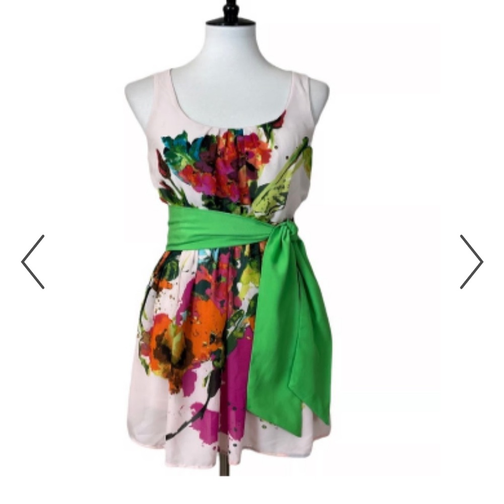 Floral Sleeveless Dress with Green Sash